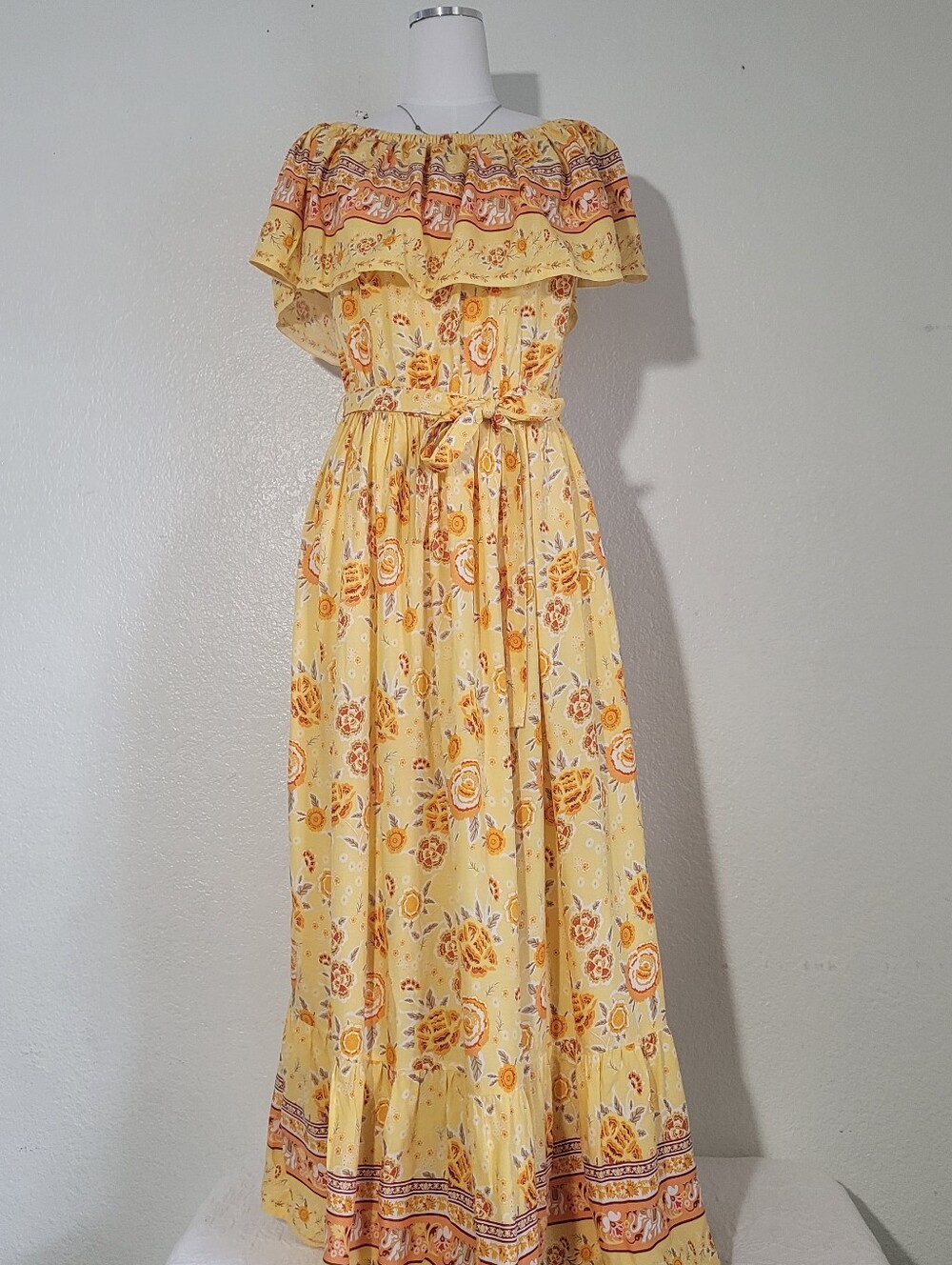 Margaux Riviera Yellow Boho Off the Shoulders Floral Maxi Dress with Ruffle Neck